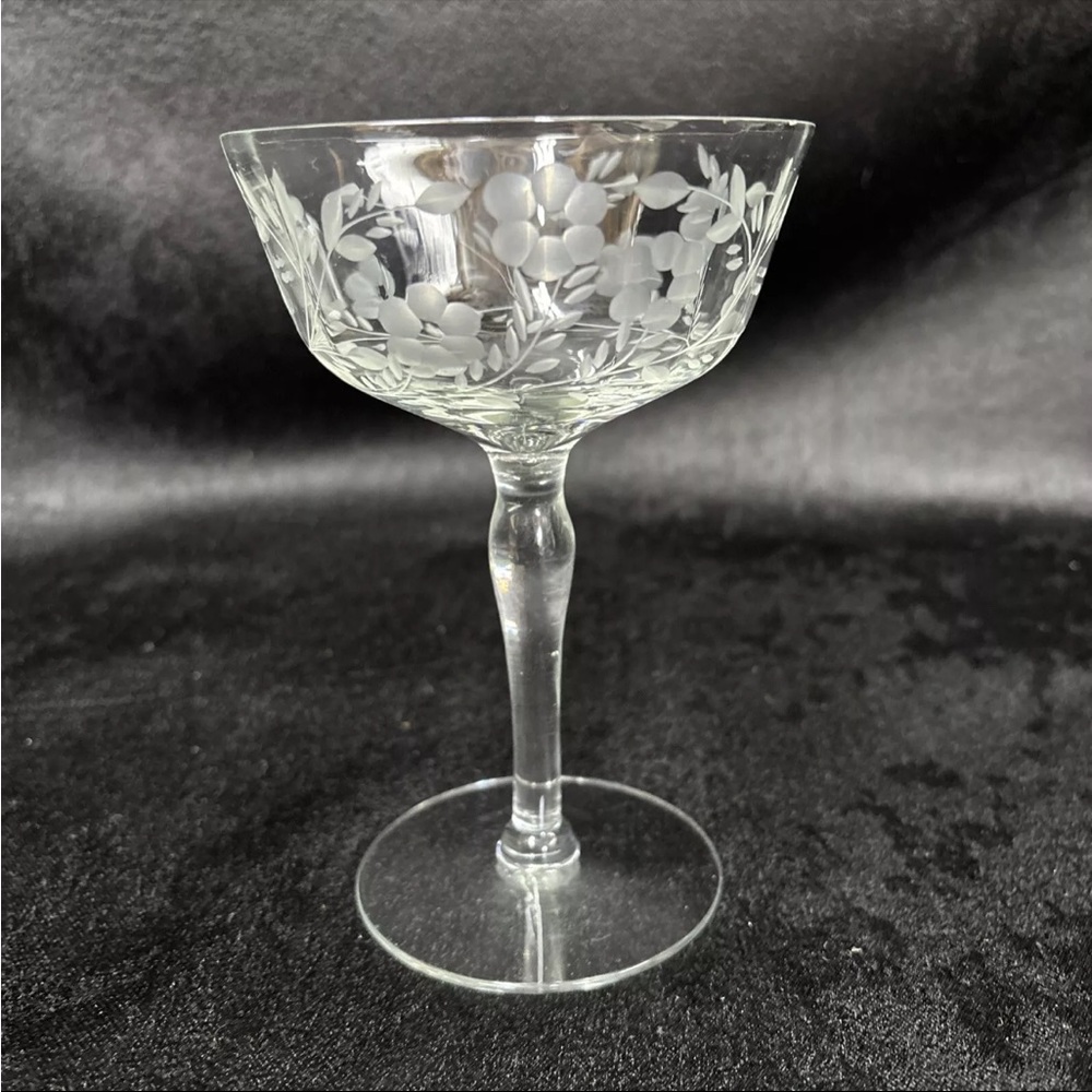 Vintage glass set 3 sherbet bowls etched flower design 6” tall